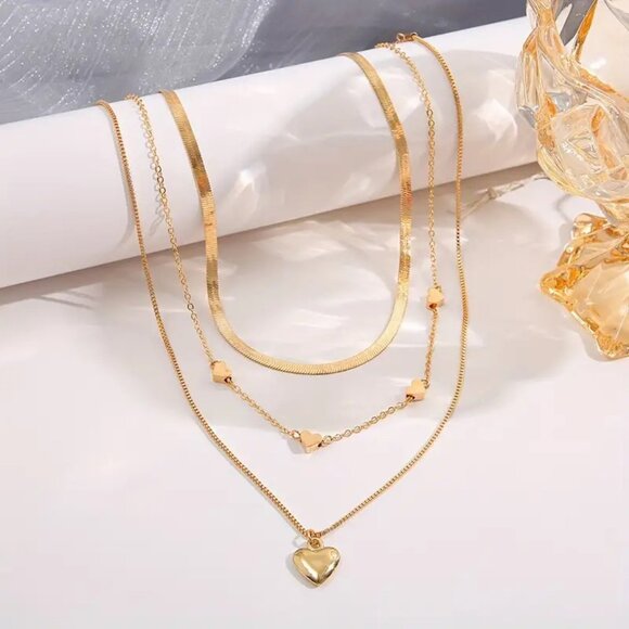 Necklace Heart Triple Layered Choker Love Gold Glam Herringbone Trendy Stylish - Picture 2 of 4